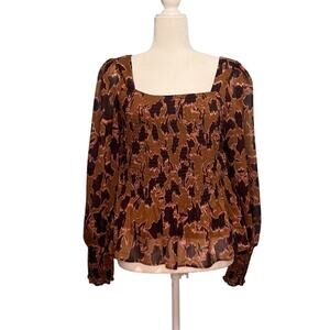Nine West Women L Going Out Top Floral Sheer Metallic Smocked Maximalist Fall